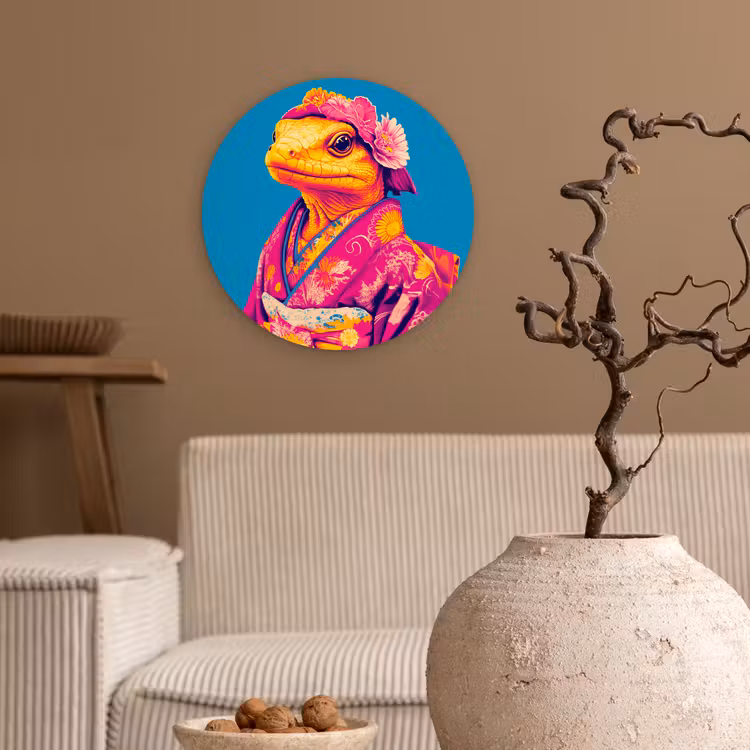 Bloemenkrans - Hagedis - Kimono - Paars Wandcirkel kunststof plaat 5mm dik klein -sfeer1