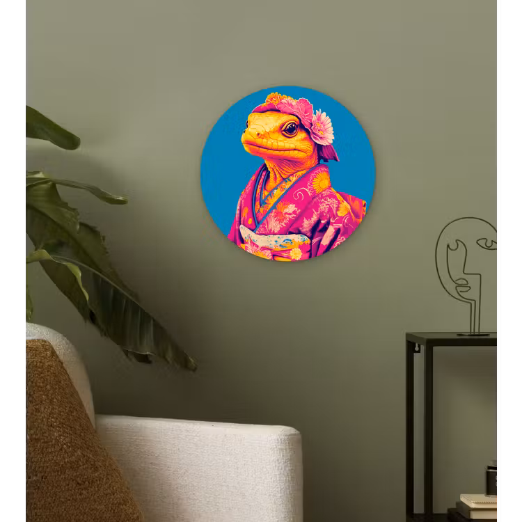 Bloemenkrans - Hagedis - Kimono - Paars Wandcirkel kunststof plaat 5mm dik klein -sfeer3