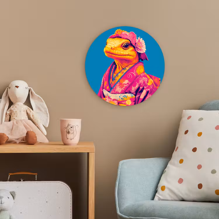 Bloemenkrans - Hagedis - Kimono - Paars Wandcirkel kunststof plaat 5mm dik klein -tsfeer1_kind