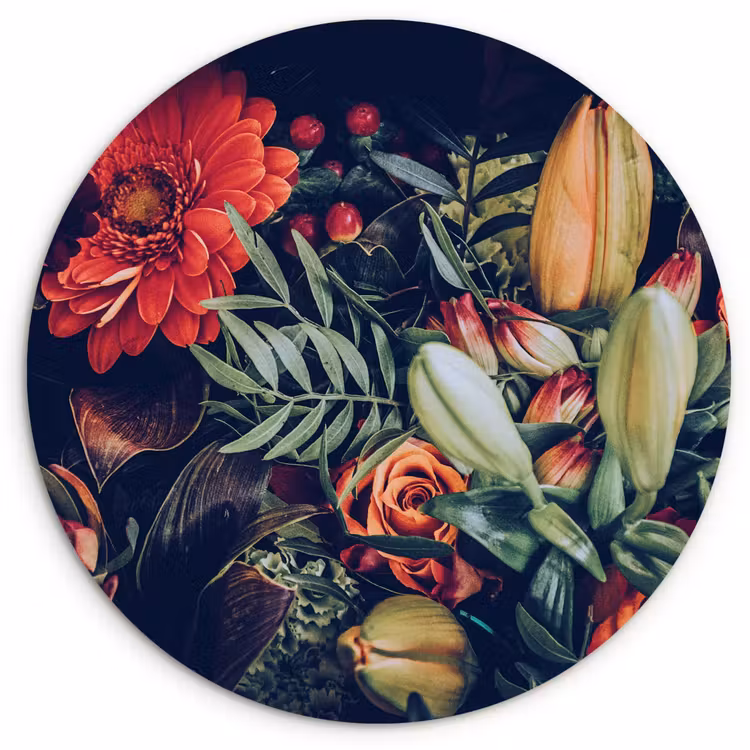 Boeket - Stilleven - Bloemen - Planten - Rood Wandcirkel kunststof plaat 5mm dik klein -3d