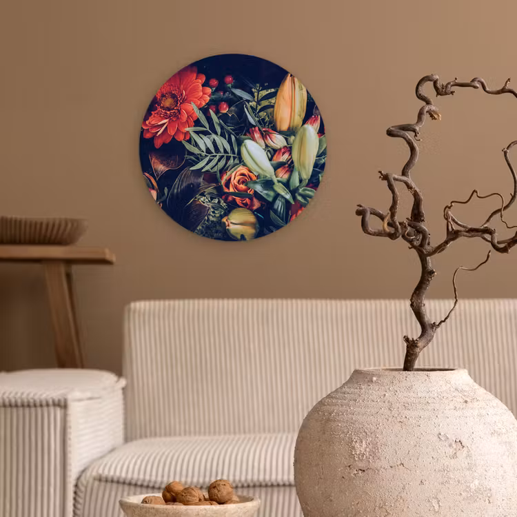 Boeket - Stilleven - Bloemen - Planten - Rood Wandcirkel kunststof plaat 5mm dik klein -sfeer1