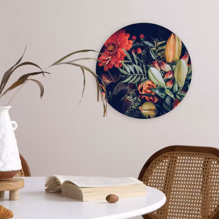 Boeket - Stilleven - Bloemen - Planten - Rood Wandcirkel kunststof plaat 5mm dik klein -sfeer4
