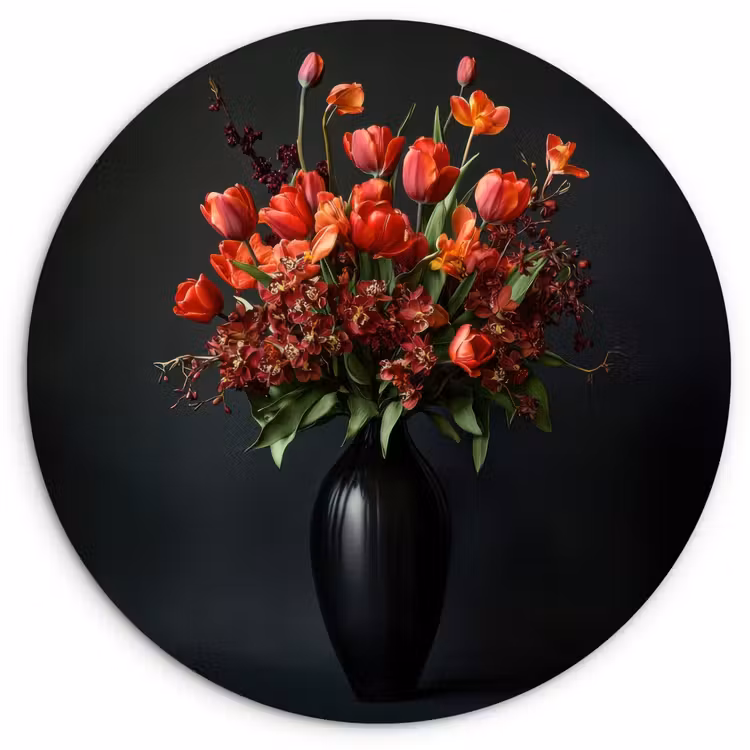 Boeket - Tulpen - Vaas - Rood Wandcirkel kunststof plaat 5mm dik klein -3d