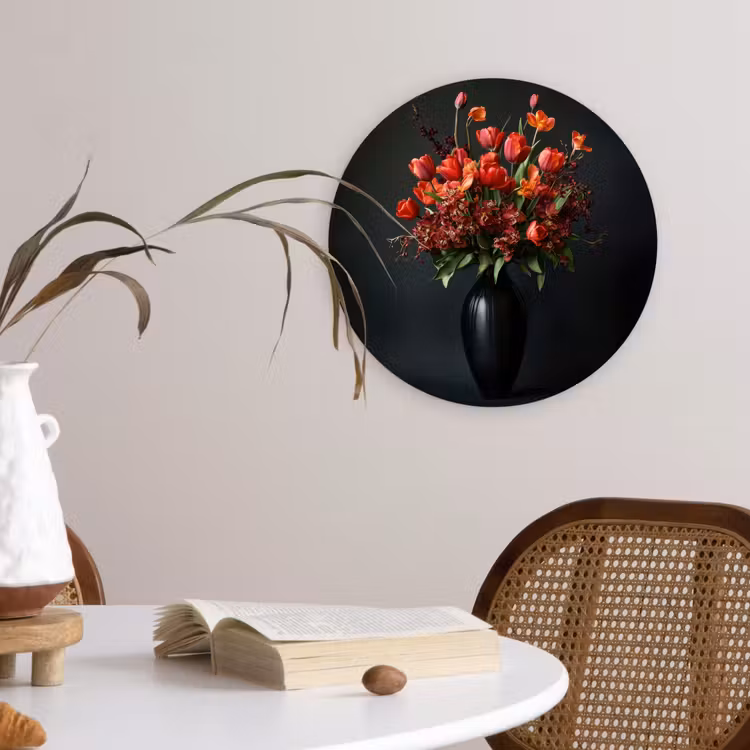 Boeket - Tulpen - Vaas - Rood Wandcirkel kunststof plaat 5mm dik klein -sfeer4