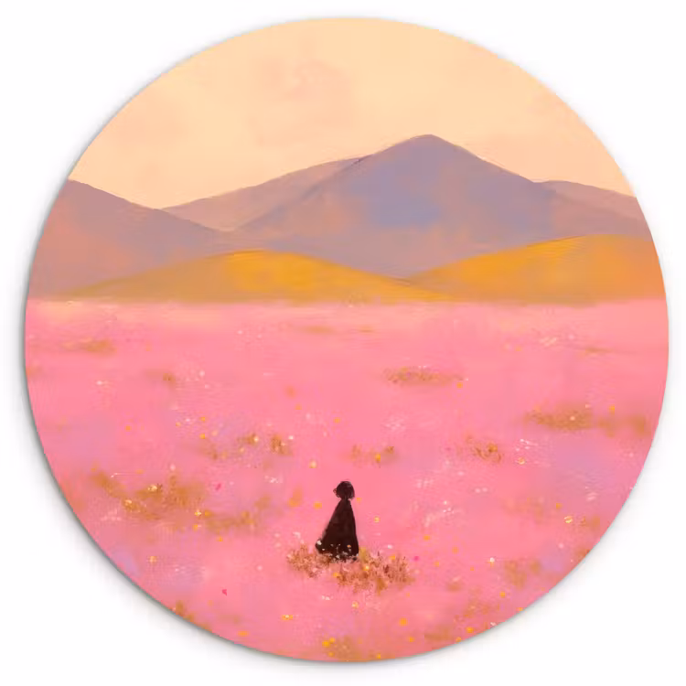 Bloemenweide - Heuvels - Silhouet - Roze Wandcirkel kunststof plaat 5mm dik klein -3d
