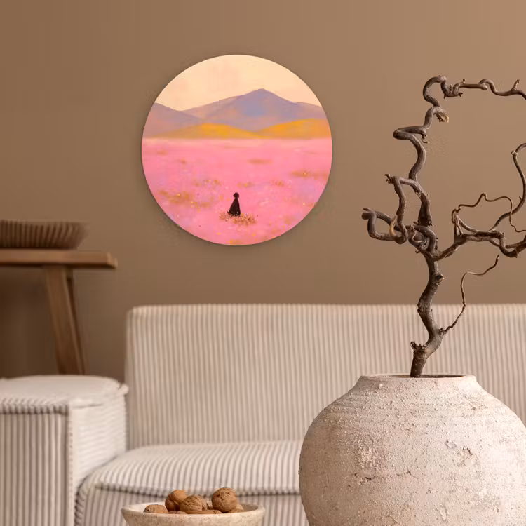 Bloemenweide - Heuvels - Silhouet - Roze Wandcirkel kunststof plaat 5mm dik klein -sfeer1