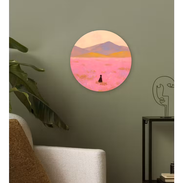 Bloemenweide - Heuvels - Silhouet - Roze Wandcirkel kunststof plaat 5mm dik klein -sfeer3