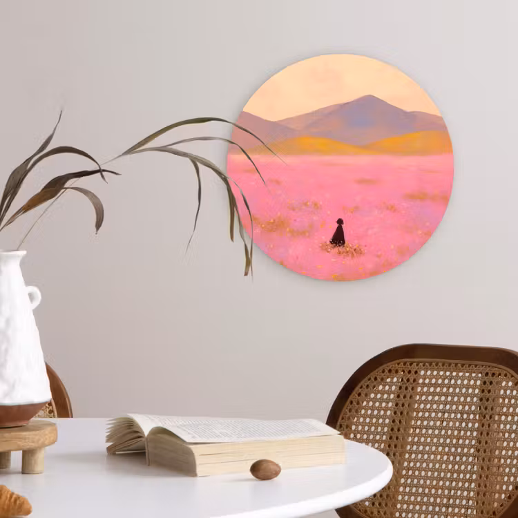 Bloemenweide - Heuvels - Silhouet - Roze Wandcirkel kunststof plaat 5mm dik klein -sfeer4