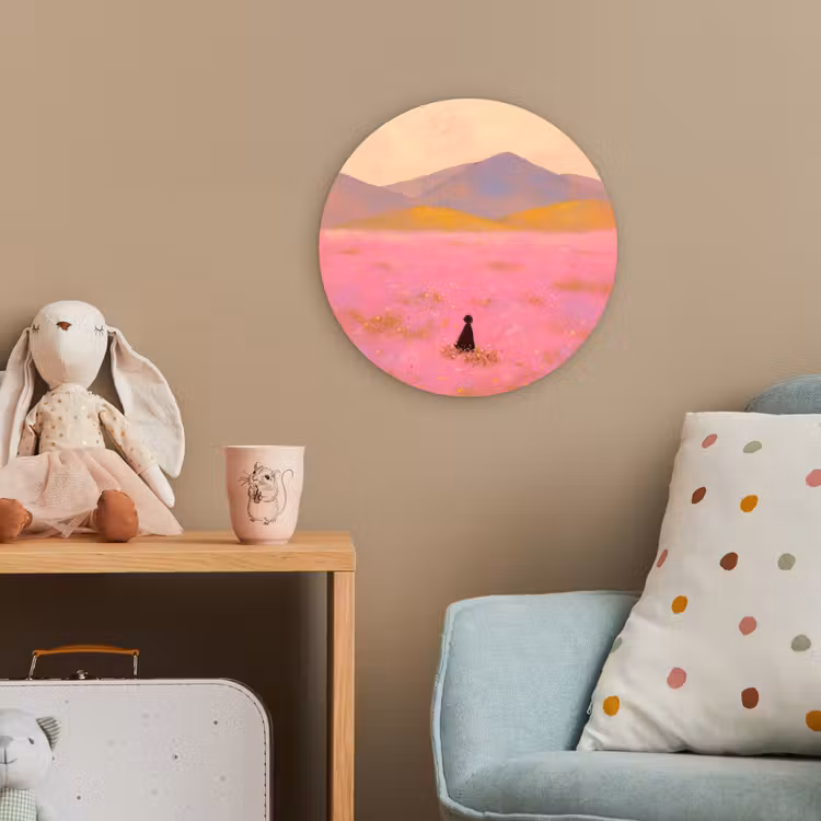 Bloemenweide - Heuvels - Silhouet - Roze Wandcirkel kunststof plaat 5mm dik klein -tsfeer1_kind