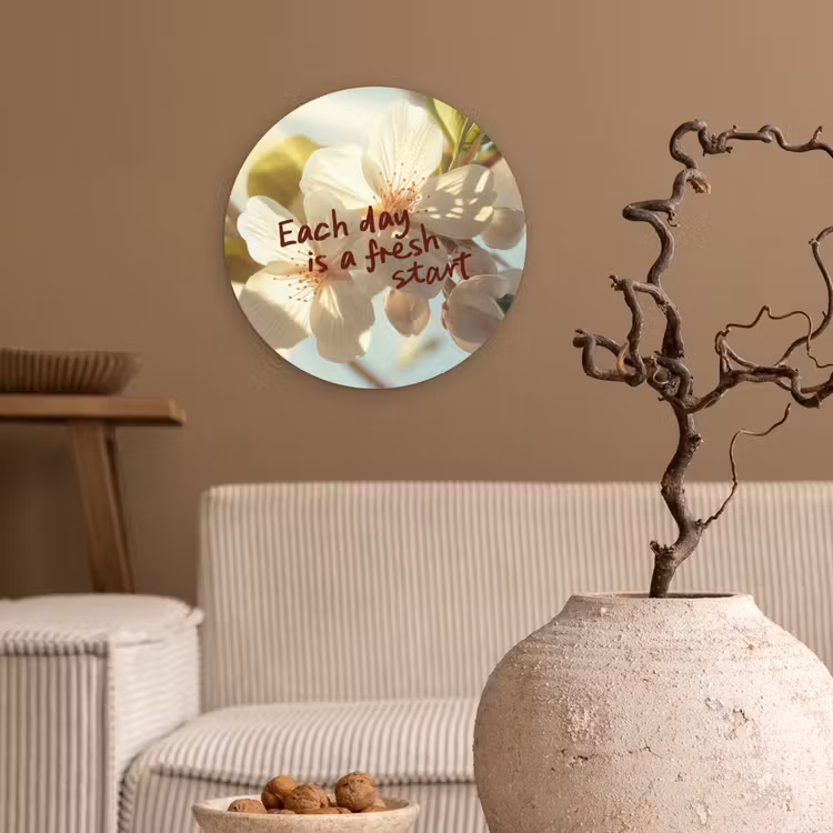 Bloesems - Zonlicht - Quote - Wit Wandcirkel kunststof plaat 5mm dik klein -sfeer1