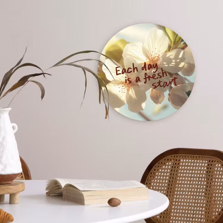 Bloesems - Zonlicht - Quote - Wit Wandcirkel kunststof plaat 5mm dik klein -sfeer4