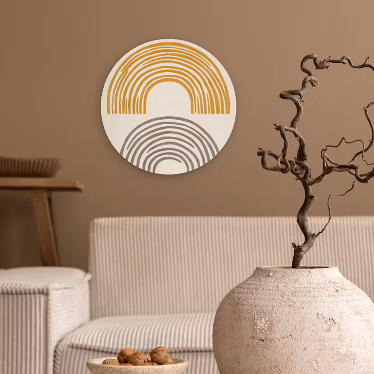 Bogen - Lijnen - Oranje - Minimalistisch Wandcirkel kunststof plaat 5mm dik klein -sfeer1