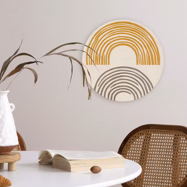 Bogen - Lijnen - Oranje - Minimalistisch Wandcirkel kunststof plaat 5mm dik klein -sfeer4