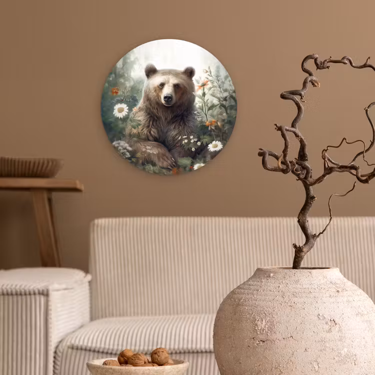 Bruine beer - Wilde dieren - Bloemen - Planten Wandcirkel kunststof plaat 5mm dik klein -sfeer1
