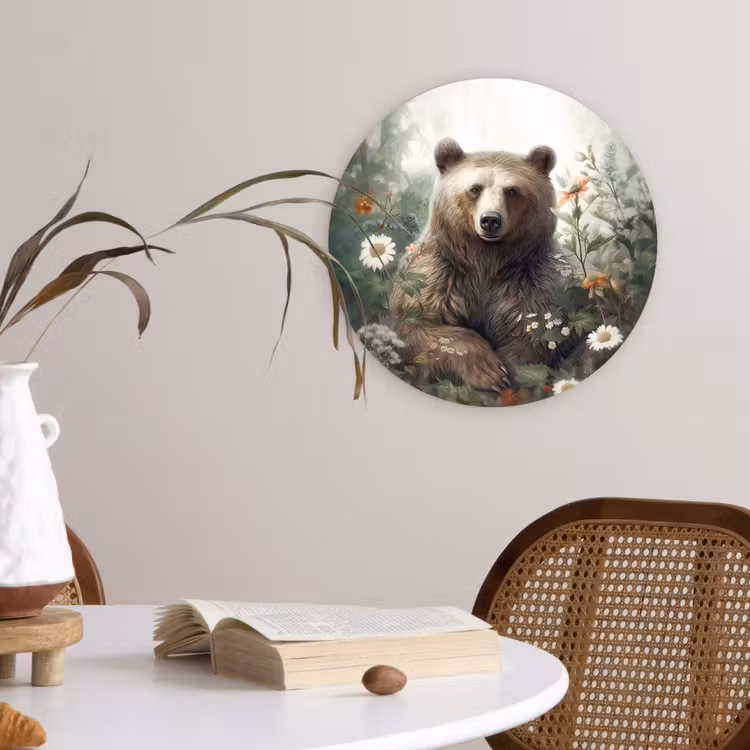 Bruine beer - Wilde dieren - Bloemen - Planten Wandcirkel kunststof plaat 5mm dik klein -sfeer4