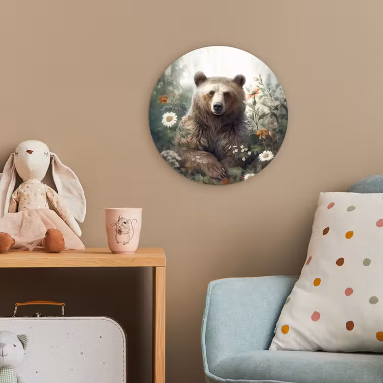 Bruine beer - Wilde dieren - Bloemen - Planten Wandcirkel kunststof plaat 5mm dik klein -tsfeer1_kind