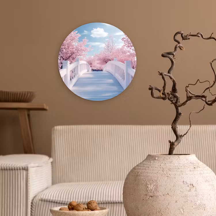 Brug - Kersenbomen - Wit Wandcirkel kunststof plaat 5mm dik klein -sfeer1