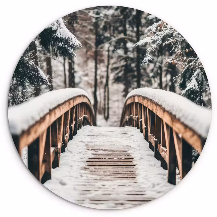 Brug - Winterlandschap - Bos - Natuur - Sneeuw Wandcirkel kunststof plaat 5mm dik klein -3d