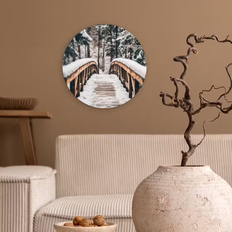 Brug - Winterlandschap - Bos - Natuur - Sneeuw Wandcirkel kunststof plaat 5mm dik klein -sfeer1
