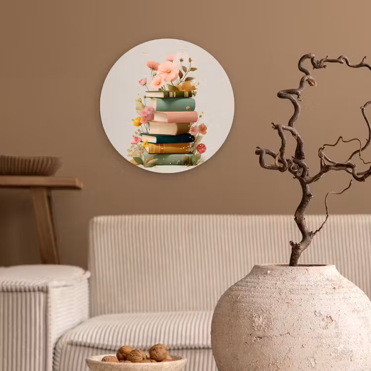 Boeken - Stapel - Bloemen - Kleurrijk Wandcirkel kunststof plaat 5mm dik klein -sfeer1