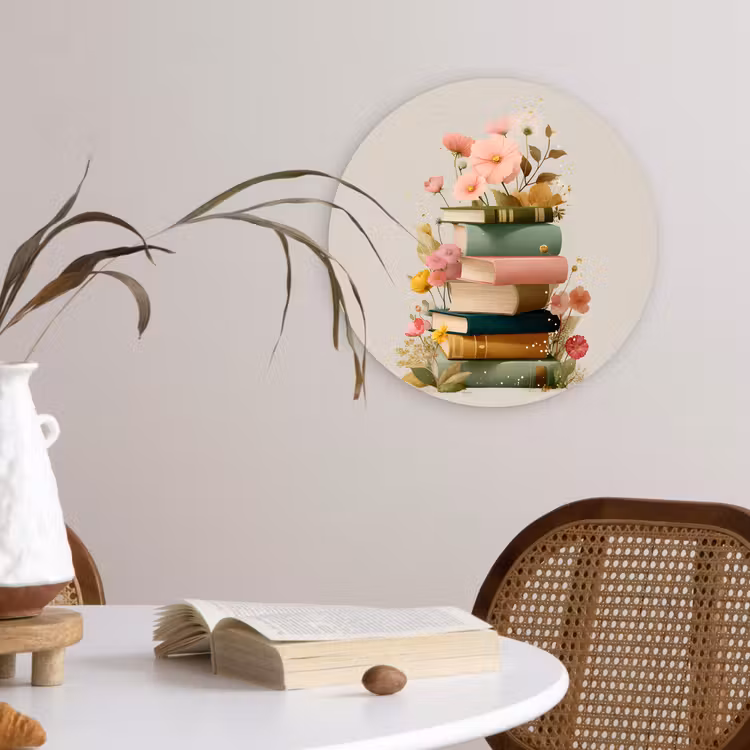Boeken - Stapel - Bloemen - Kleurrijk Wandcirkel kunststof plaat 5mm dik klein -sfeer4