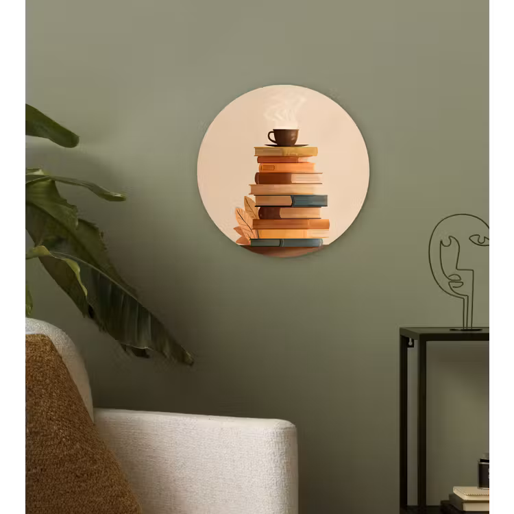 Boeken - Toren - Koffie - Beige Wandcirkel kunststof plaat 5mm dik klein -sfeer3