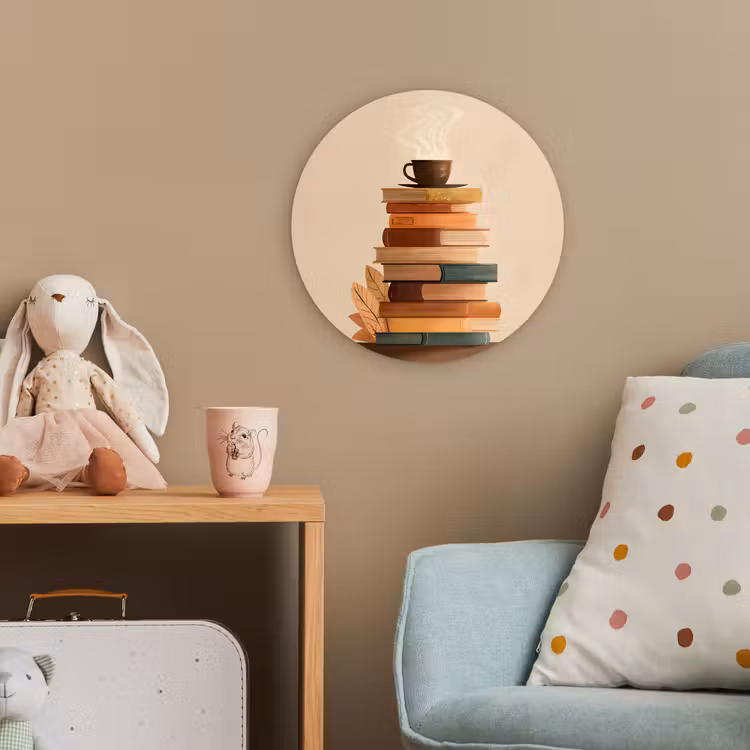 Boeken - Toren - Koffie - Beige Wandcirkel kunststof plaat 5mm dik klein -tsfeer1_kind