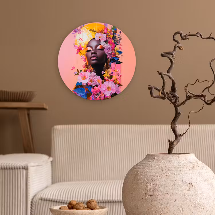 Kleurrijk - Bloemen - Vrouw - Zon Wandcirkel kunststof plaat 5mm dik klein -sfeer1