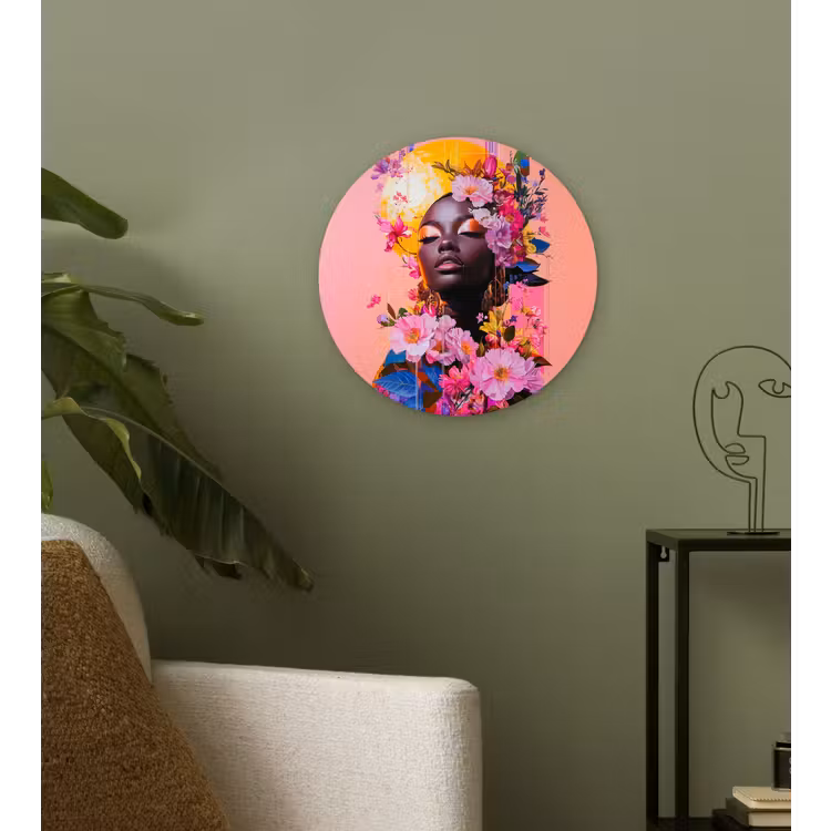 Kleurrijk - Bloemen - Vrouw - Zon Wandcirkel kunststof plaat 5mm dik klein -sfeer3