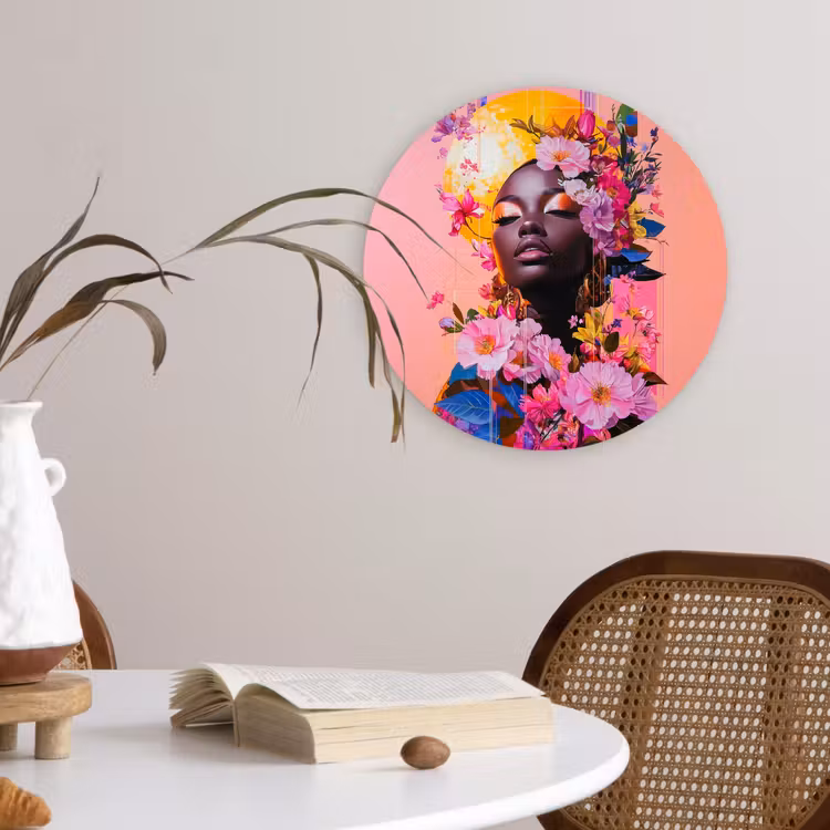 Kleurrijk - Bloemen - Vrouw - Zon Wandcirkel kunststof plaat 5mm dik klein -sfeer4
