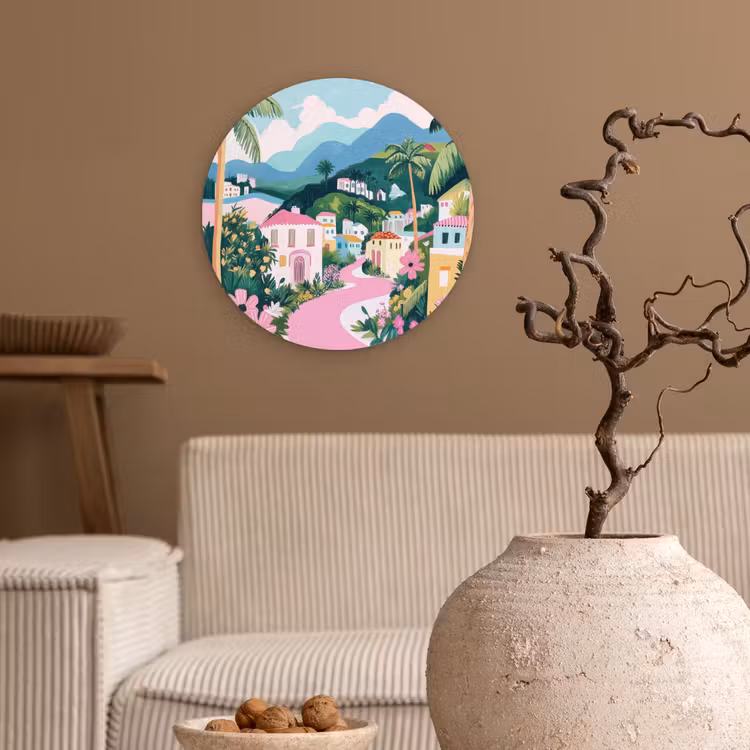 Kleurrijk - Huizen - Heuvels - Roze Wandcirkel kunststof plaat 5mm dik klein -sfeer1