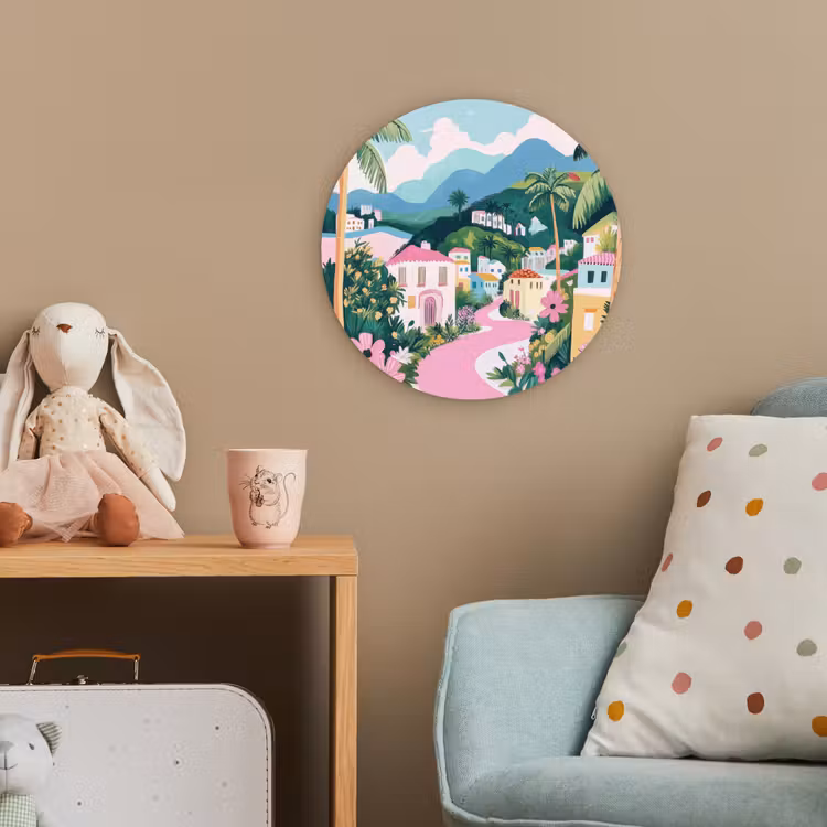 Kleurrijk - Huizen - Heuvels - Roze Wandcirkel kunststof plaat 5mm dik klein -tsfeer1_kind