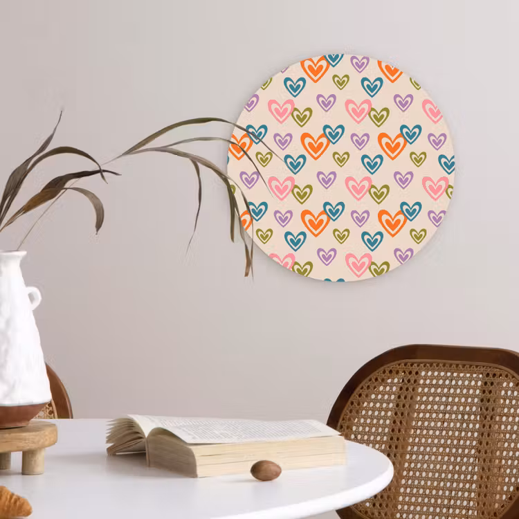 Kleurrijk - Hartjes - Patroon - Beige Wandcirkel kunststof plaat 5mm dik klein 188 -sfeer4