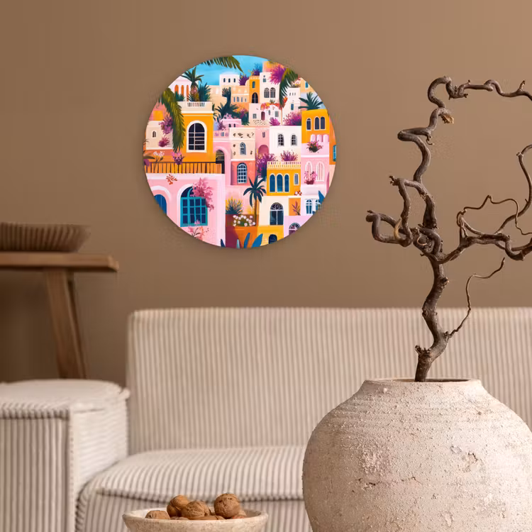 Kleurrijk - Roze - Oranje - Geel - Bloemen Wandcirkel kunststof plaat 5mm dik klein -sfeer1