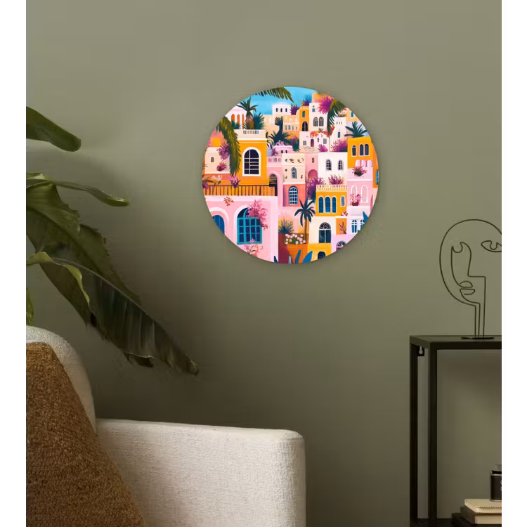 Kleurrijk - Roze - Oranje - Geel - Bloemen Wandcirkel kunststof plaat 5mm dik klein -sfeer3