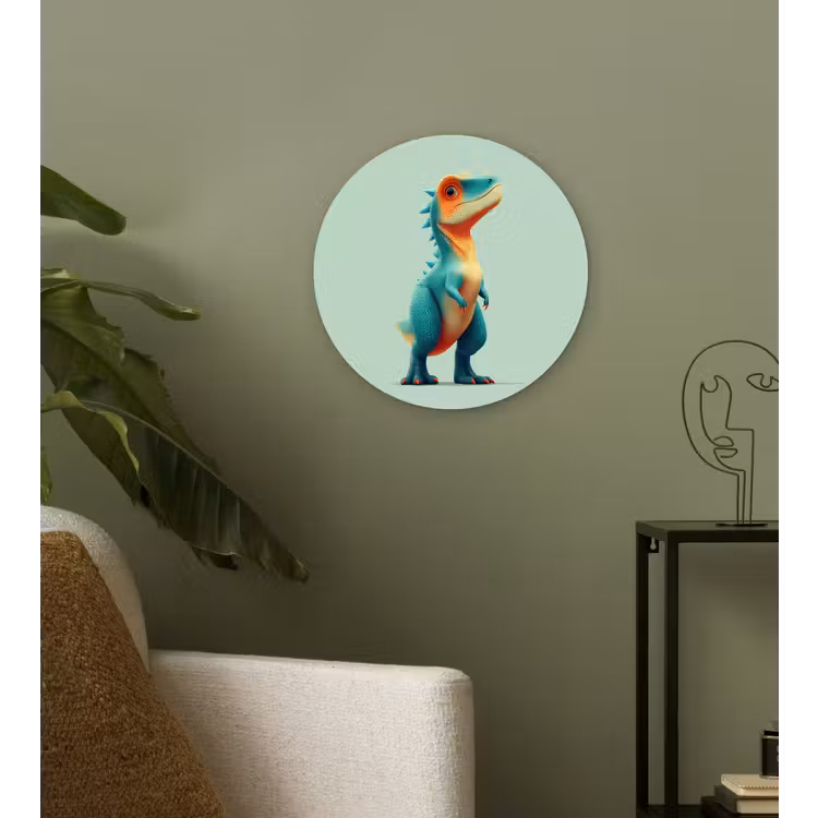 Cartoon - Dino - Oranje - Stekels Wandcirkel kunststof plaat 5mm dik klein -sfeer3