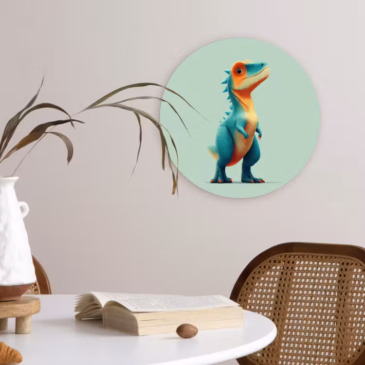 Cartoon - Dino - Oranje - Stekels Wandcirkel kunststof plaat 5mm dik klein -sfeer4