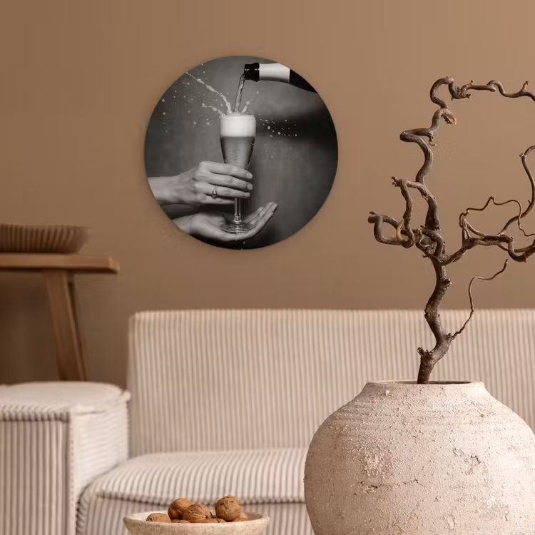 Champagnefles - Glas - Minimalistisch - Spetters Wandcirkel kunststof plaat 5mm dik klein -sfeer1