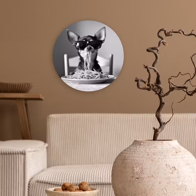 Chihuahua - Hond - Zonnebril - Humoristisch - Zwart - Wit - Spaghetti Wandcirkel kunststof plaat 5mm dik klein -sfeer1