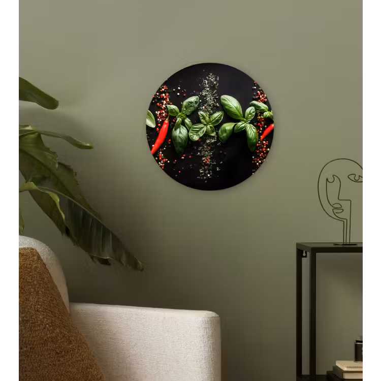 Chilipepers - Basilicum - Blaadjes - Rood Wandcirkel kunststof plaat 5mm dik klein -sfeer3