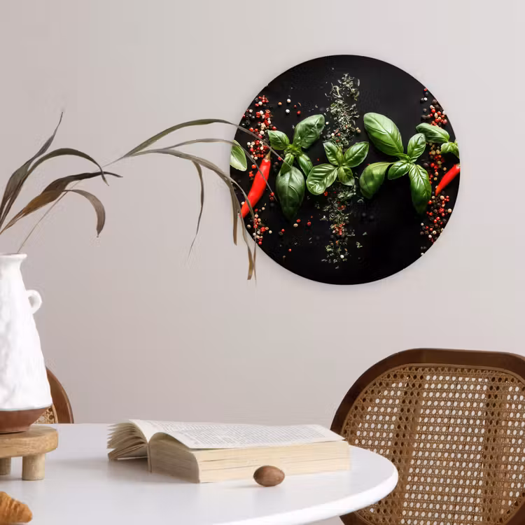 Chilipepers - Basilicum - Blaadjes - Rood Wandcirkel kunststof plaat 5mm dik klein -sfeer4