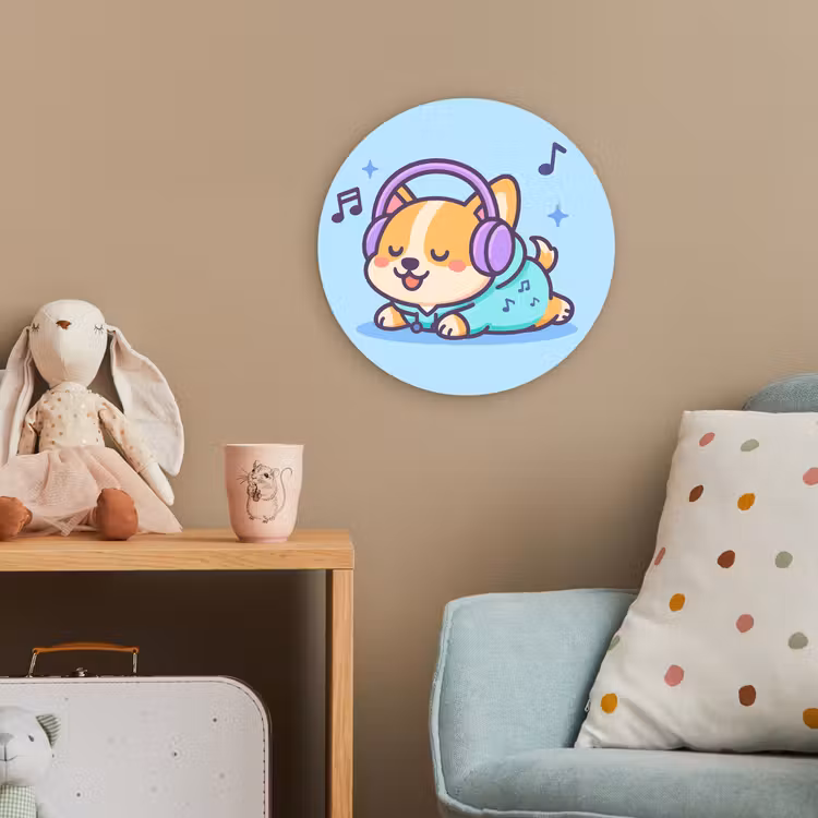 Corgi - Koptelefoon - Blauw - Muzieknoten Wandcirkel kunststof plaat 5mm dik klein -tsfeer1_kind