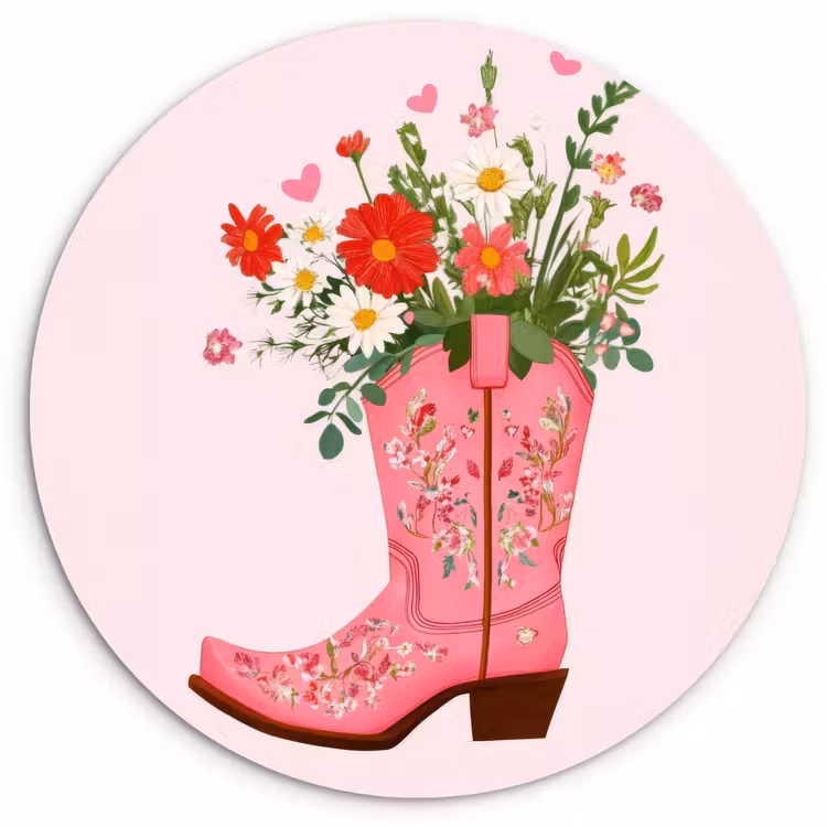 Cowboylaarzen - Roze - Boeket - Bloemen Wandcirkel kunststof plaat 5mm dik klein -3d