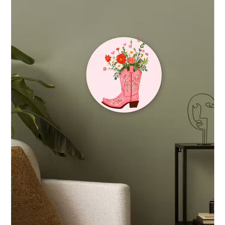 Cowboylaarzen - Roze - Boeket - Bloemen Wandcirkel kunststof plaat 5mm dik klein -sfeer3