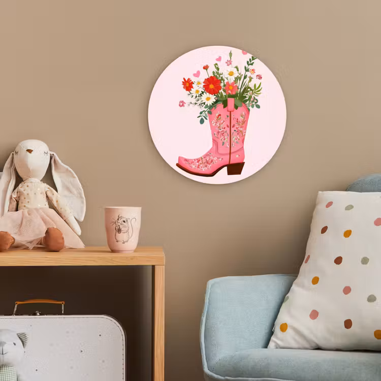 Cowboylaarzen - Roze - Boeket - Bloemen Wandcirkel kunststof plaat 5mm dik klein -tsfeer1_kind
