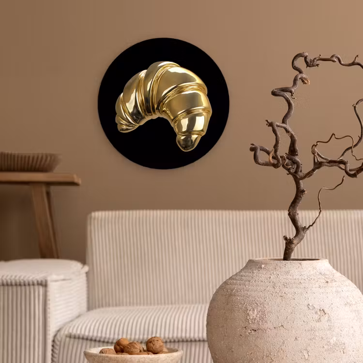 Croissant - Brood - Goud - Zwart Wandcirkel kunststof plaat 5mm dik klein -sfeer1