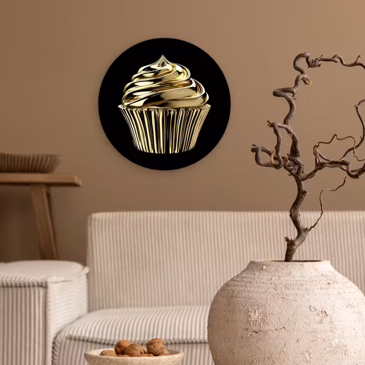 Cupcake - Eten - Goud - Zwart Wandcirkel kunststof plaat 5mm dik klein -sfeer1