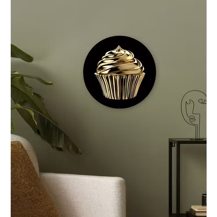 Cupcake - Eten - Goud - Zwart Wandcirkel kunststof plaat 5mm dik klein -sfeer3