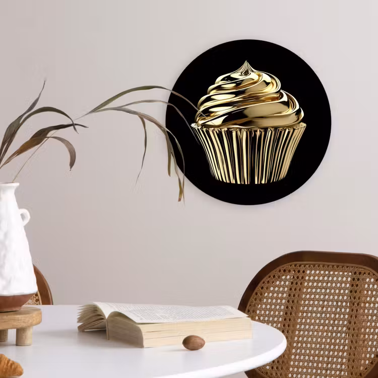 Cupcake - Eten - Goud - Zwart Wandcirkel kunststof plaat 5mm dik klein -sfeer4