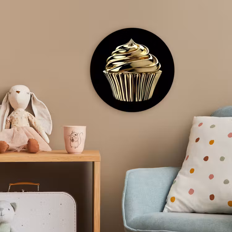 Cupcake - Eten - Goud - Zwart Wandcirkel kunststof plaat 5mm dik klein -tsfeer1_kind